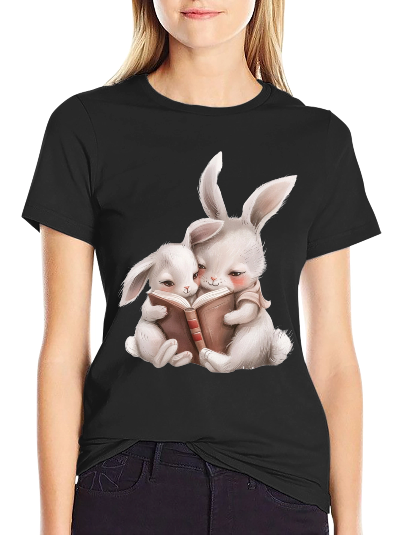 Cute Bunny Reading Book Graphic Tee