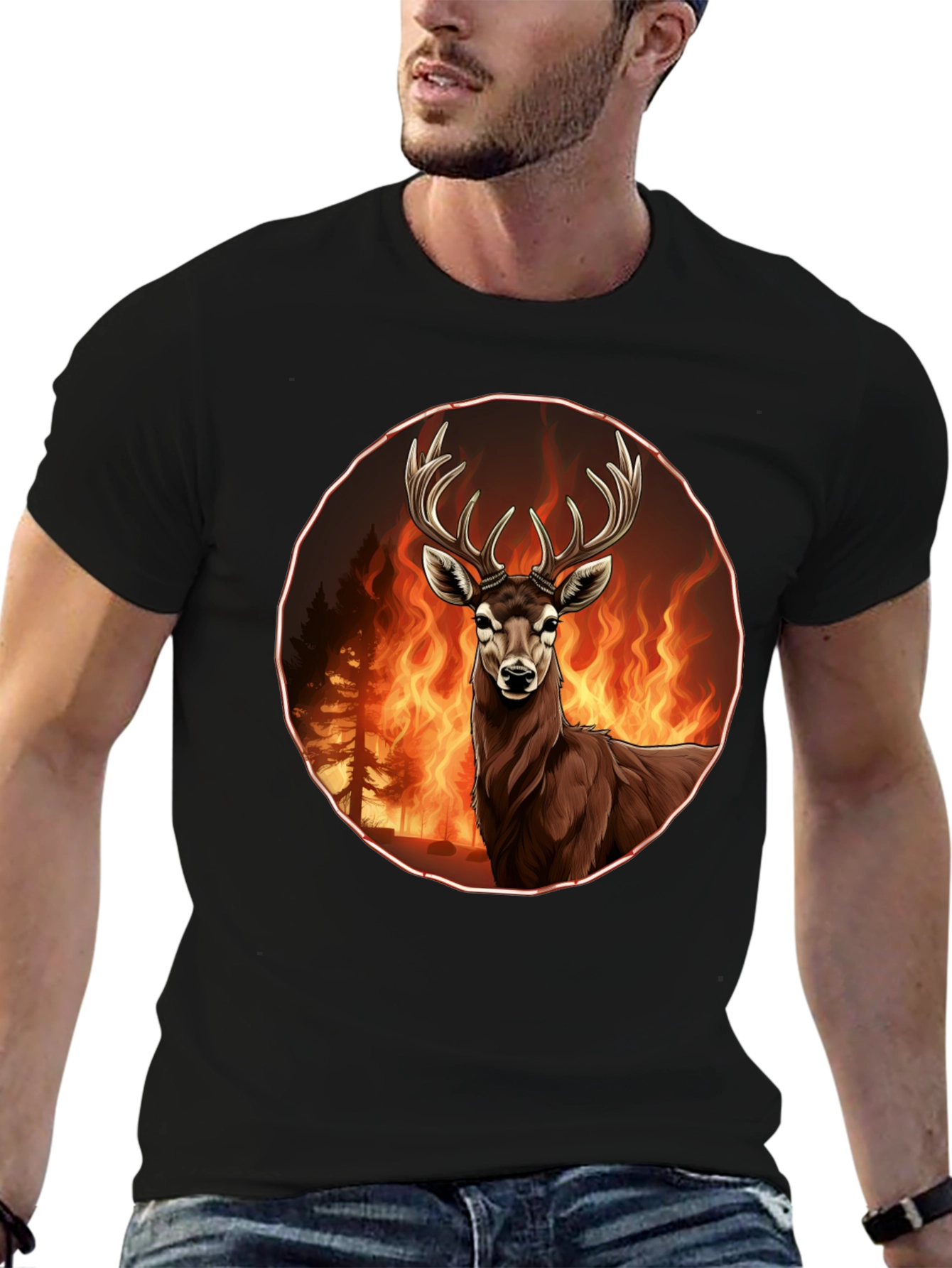 Deer in Flames Graphic Tee - Wildfire Design