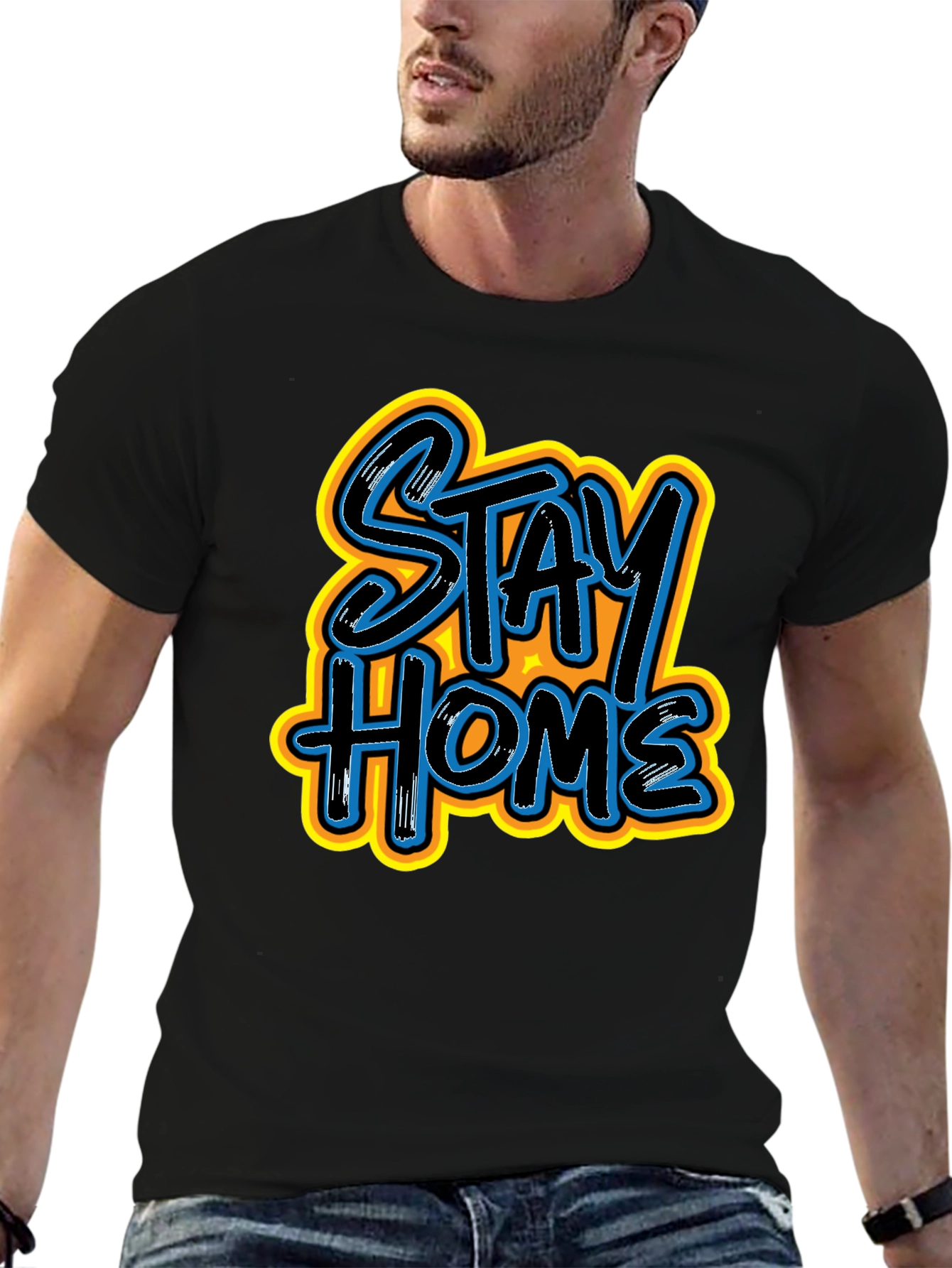 Stay Home Graphic Print Black Tee