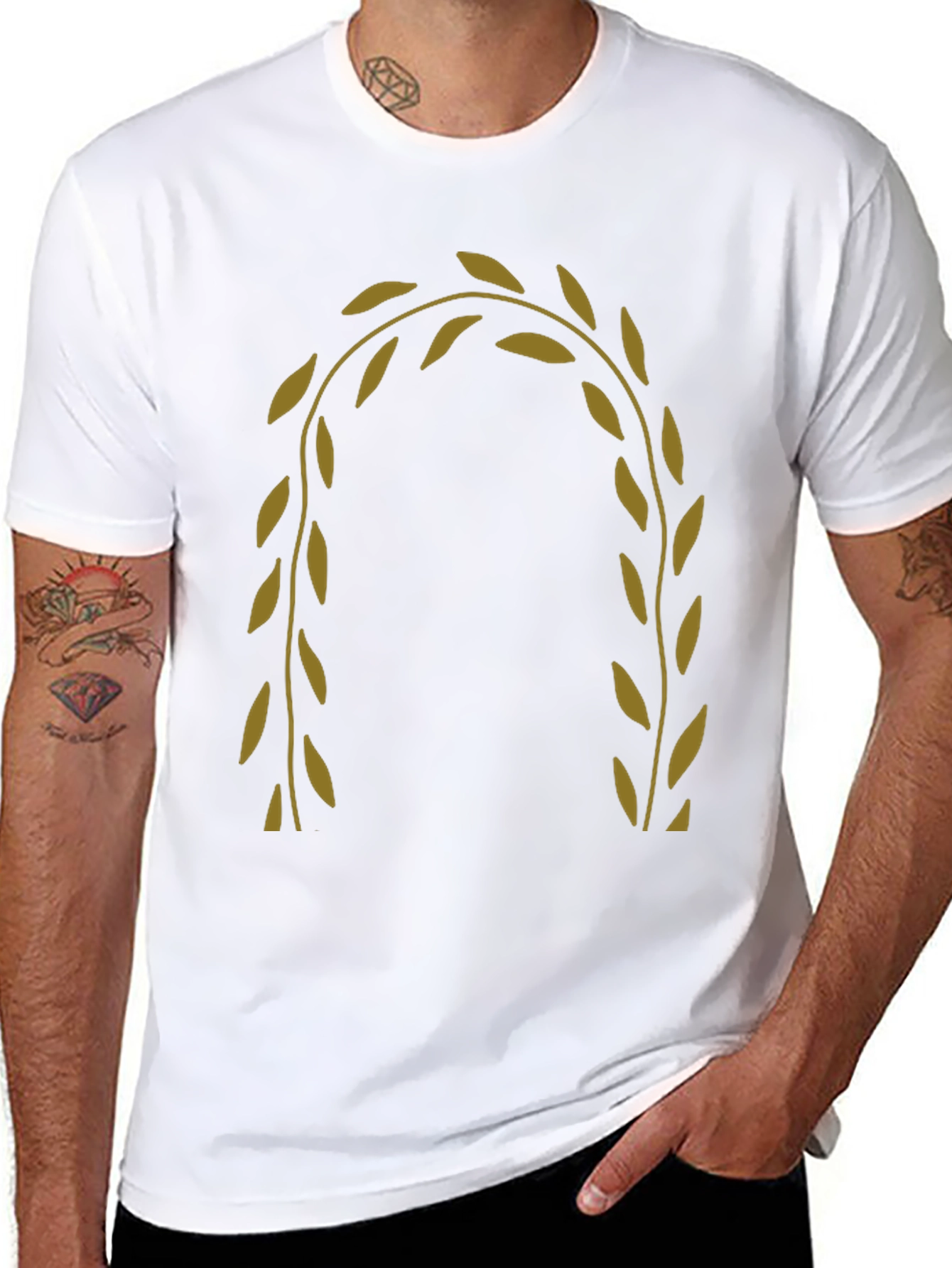 Mens Black T-Shirt with Olive Branch Design