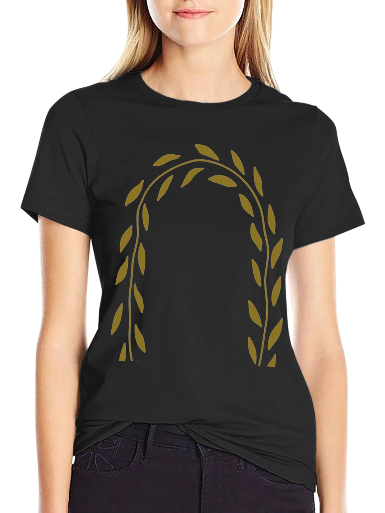 Mens Black T-Shirt with Olive Branch Design