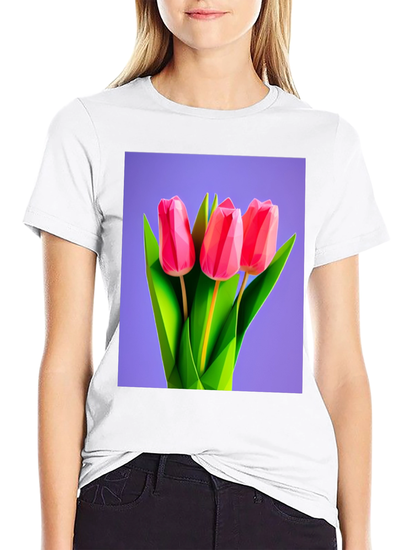 Geometric Tulip Print Black T-Shirt