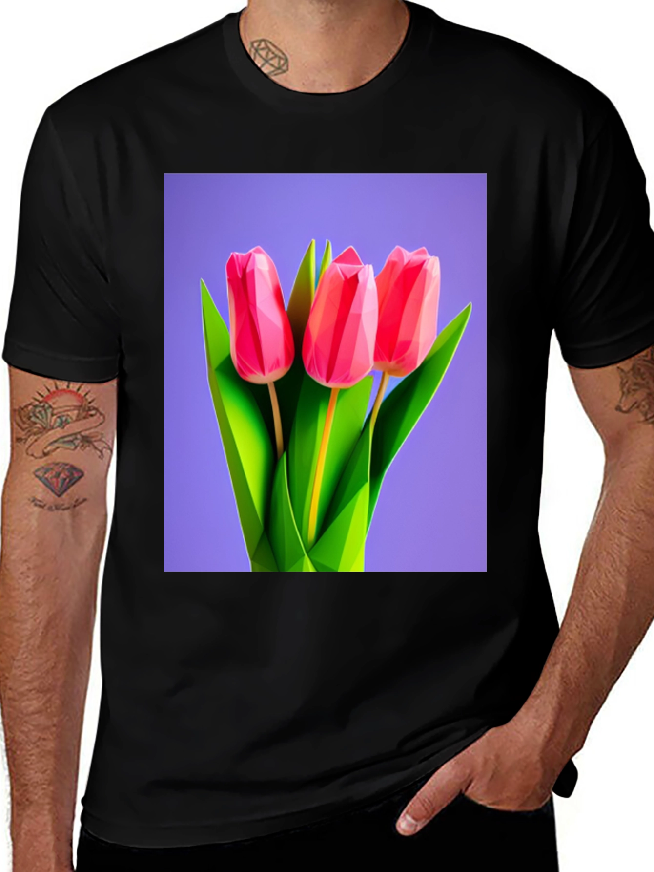 Geometric Tulip Print Black T-Shirt