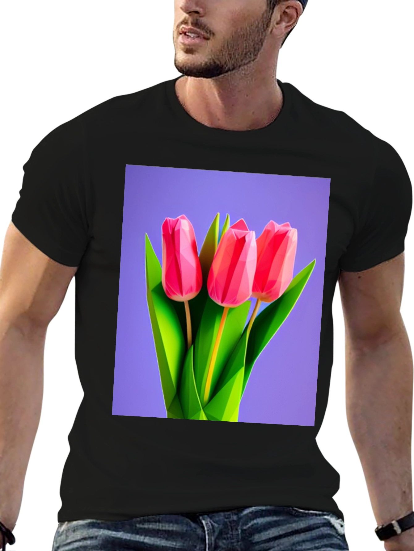Geometric Tulip Print Black T-Shirt