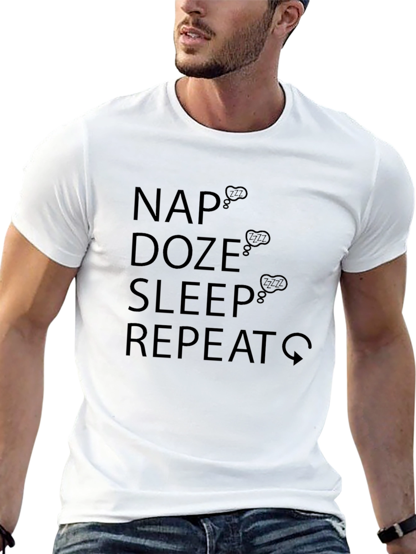 Nap Doze Sleep Repeat Mens Black Graphic Tee