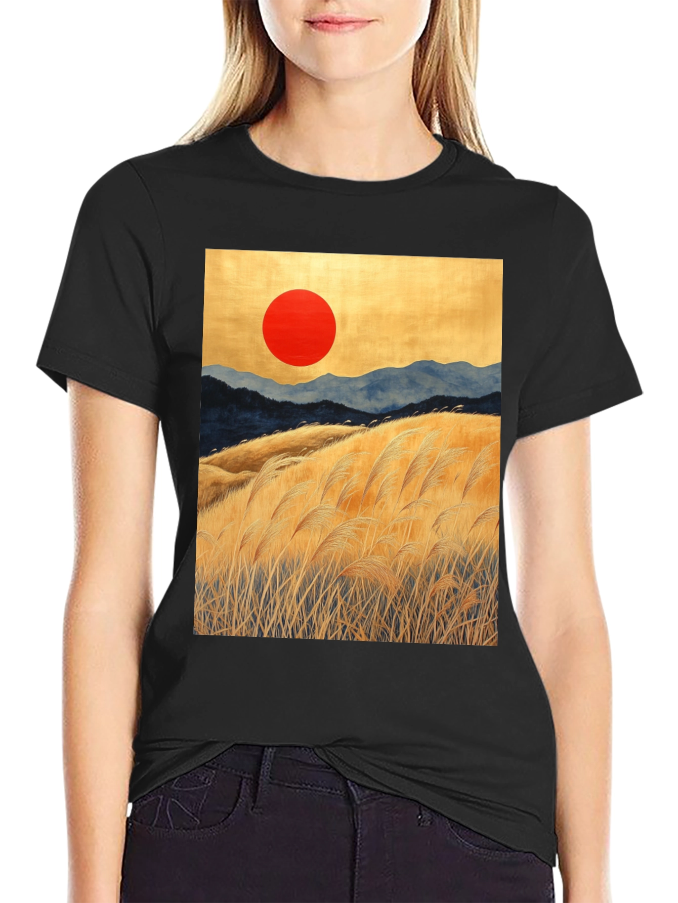 Sunrise Meadow Graphic Tee - Stylish Black T-Shirt