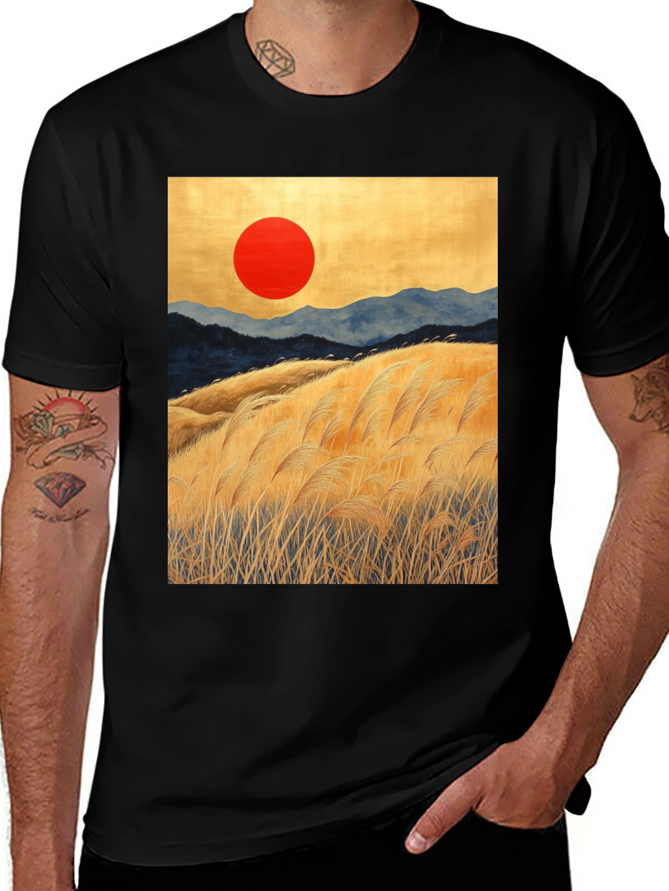 Sunrise Meadow Graphic Tee - Stylish Black T-Shirt