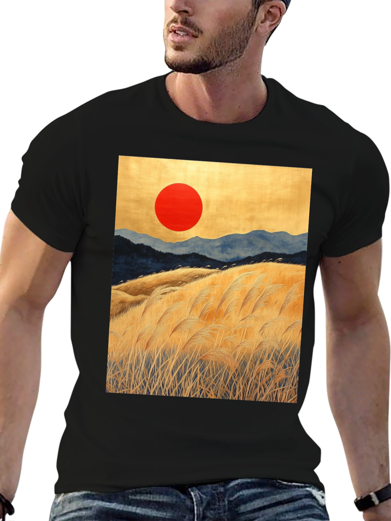 Sunrise Meadow Graphic Tee - Stylish Black T-Shirt
