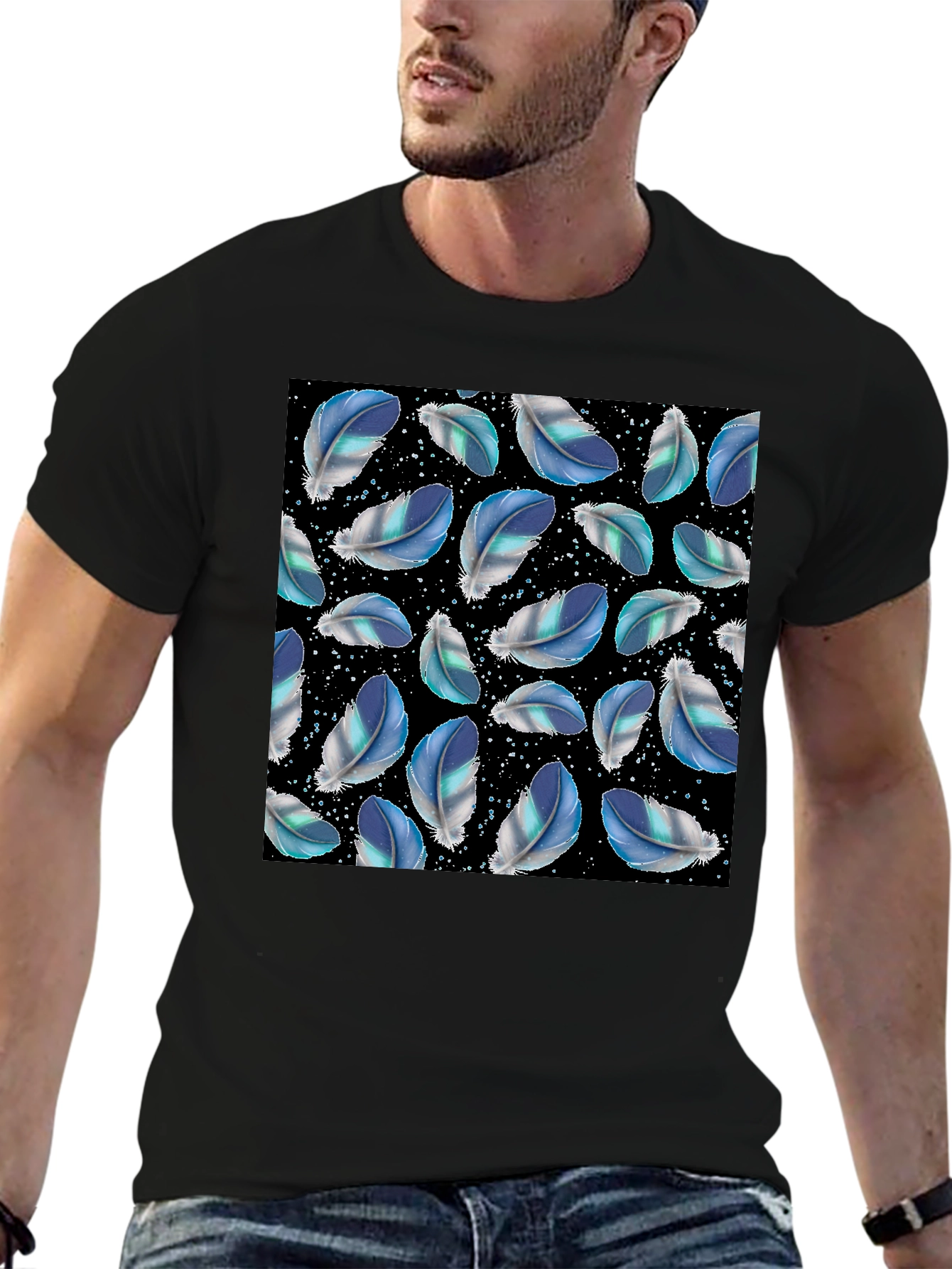 Feather Pattern Black T-Shirt