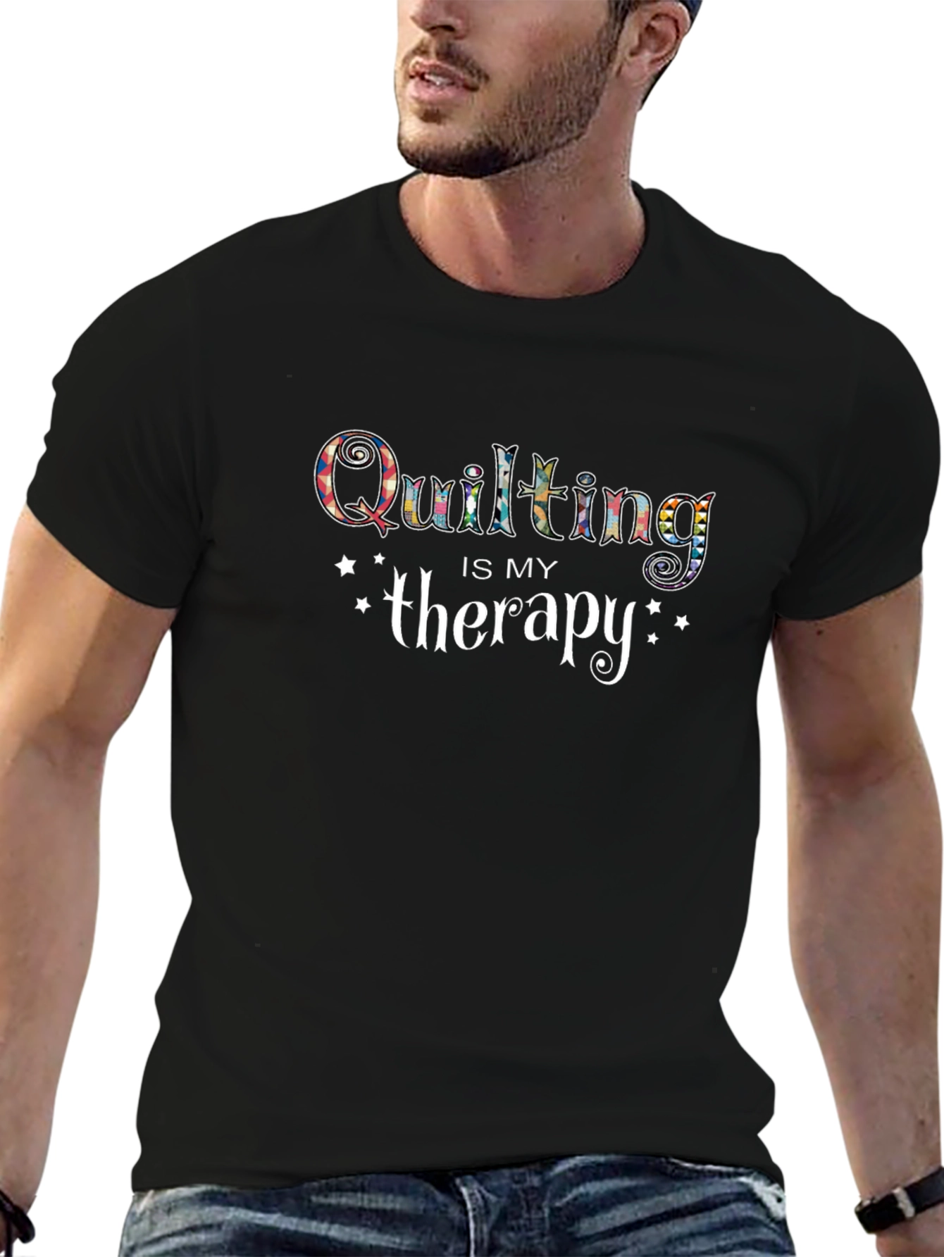 Quilting is My Therapy T-Shirt - Black Crew Neck