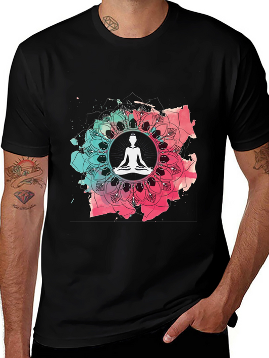 Yoga Mandala Graphic Tee - Mens Casual Black T-Shirt