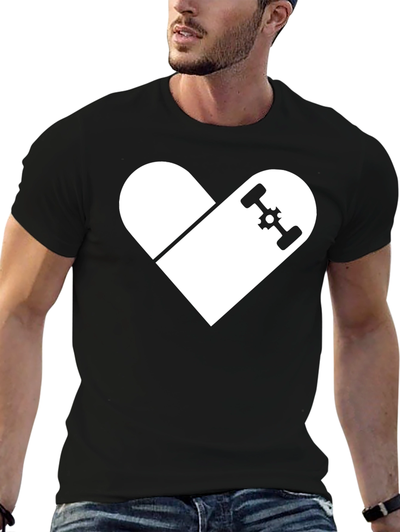 Skateboard Heart Graphic Tee - Black Cotton Casual Shirt
