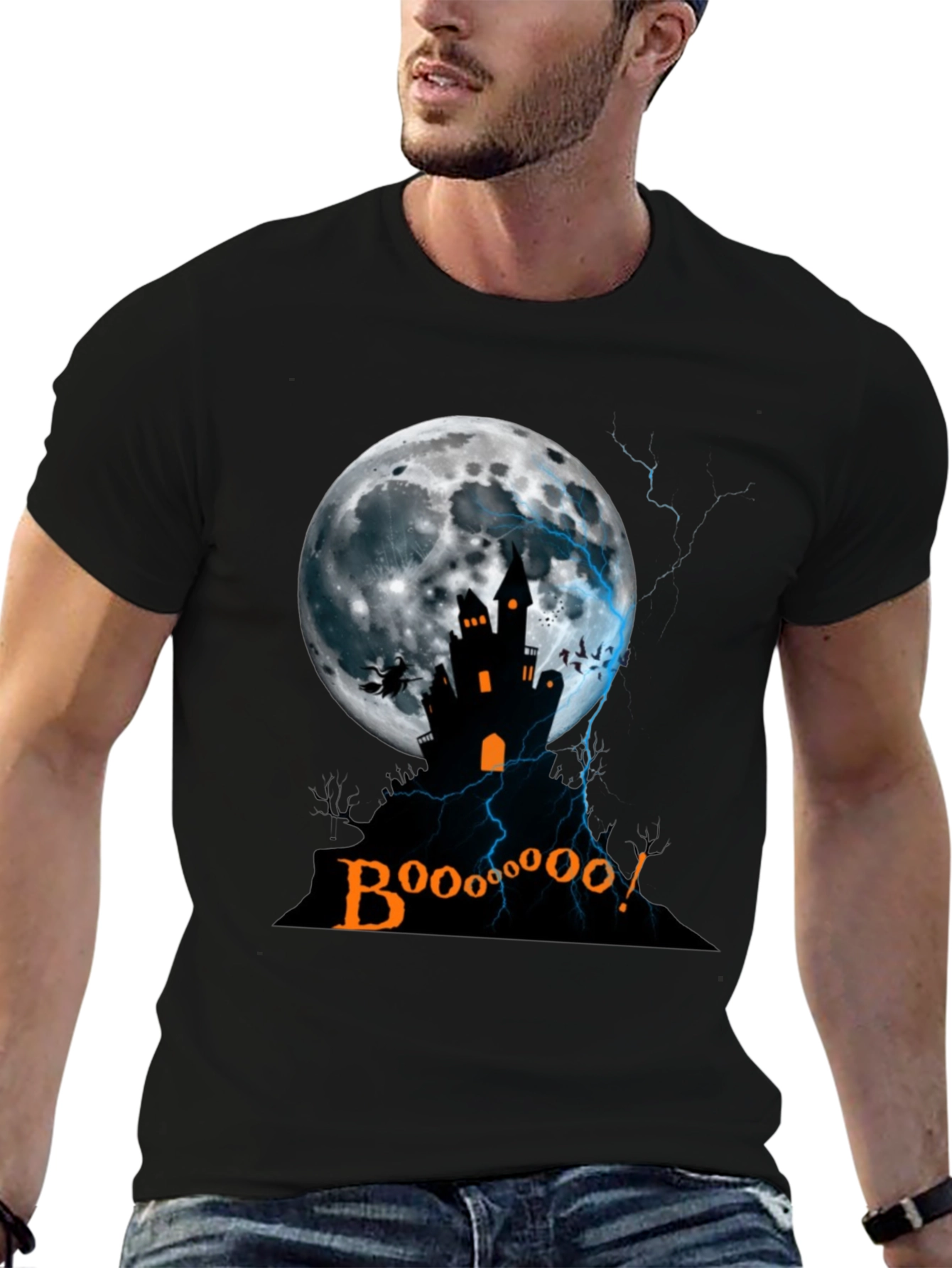 Spooky Halloween T-Shirt - Haunted House Moon Design