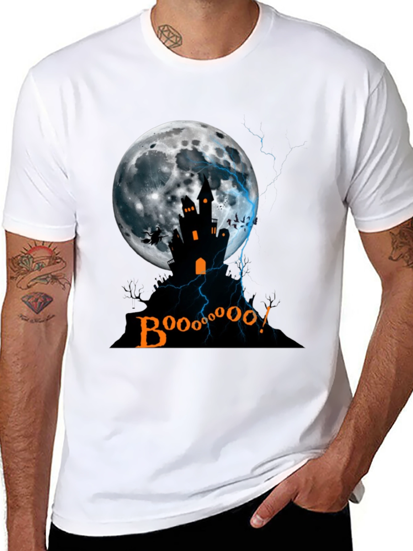 Spooky Halloween T-Shirt - Haunted House Moon Design