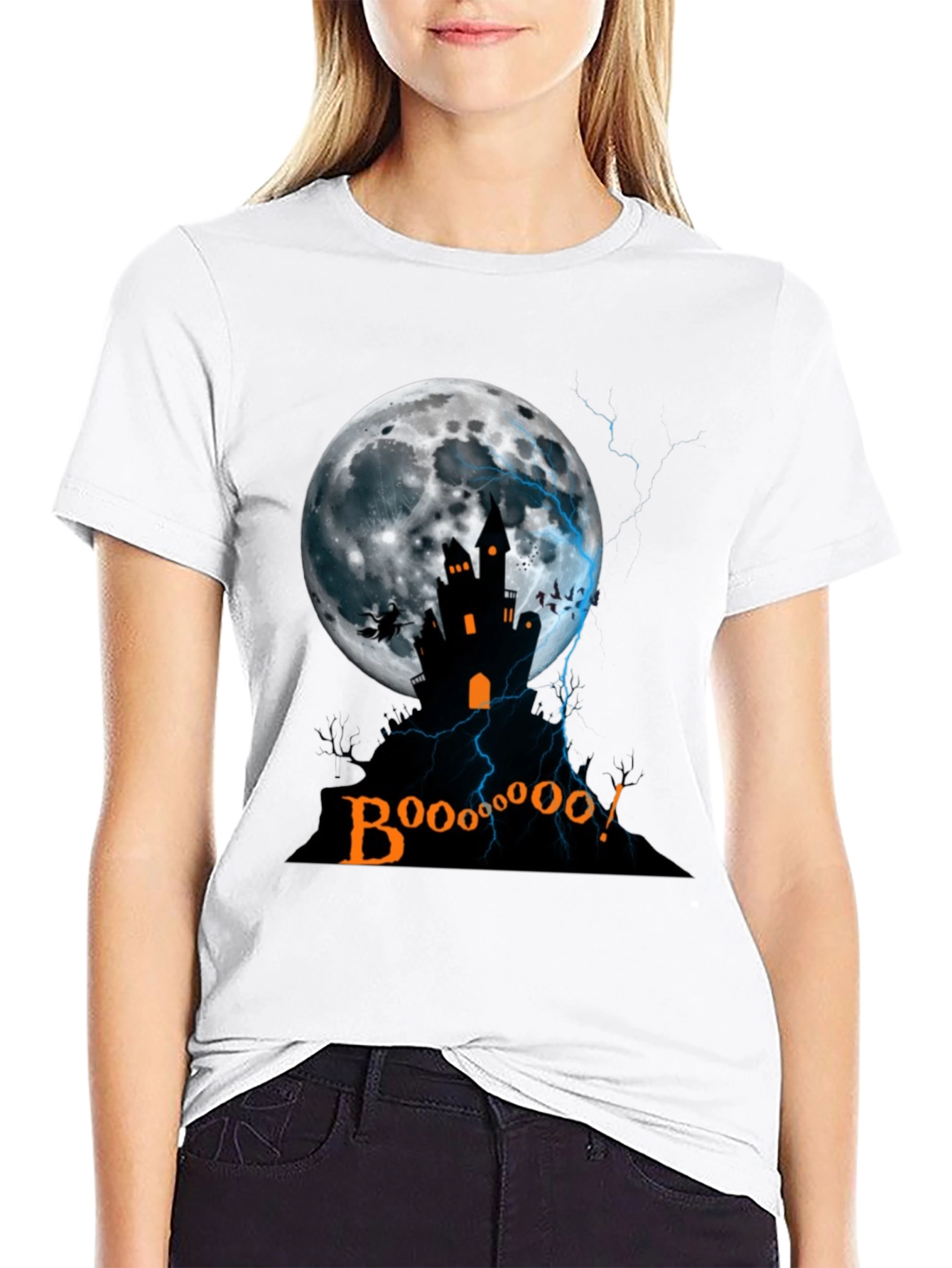 Spooky Halloween T-Shirt - Haunted House Moon Design