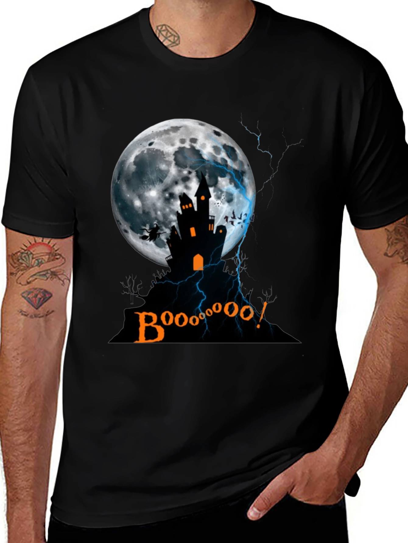 Spooky Halloween T-Shirt - Haunted House Moon Design