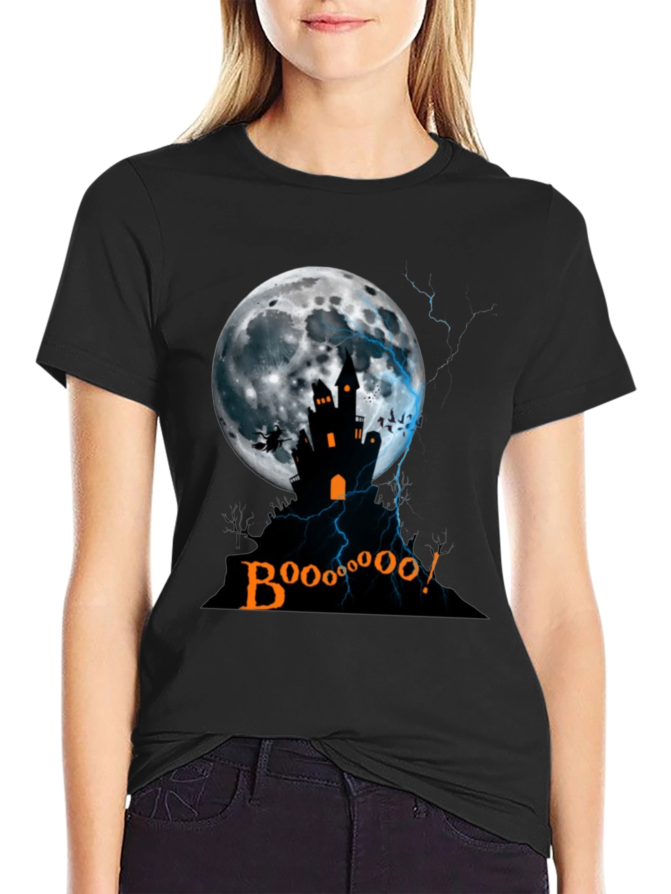 Spooky Halloween T-Shirt - Haunted House Moon Design