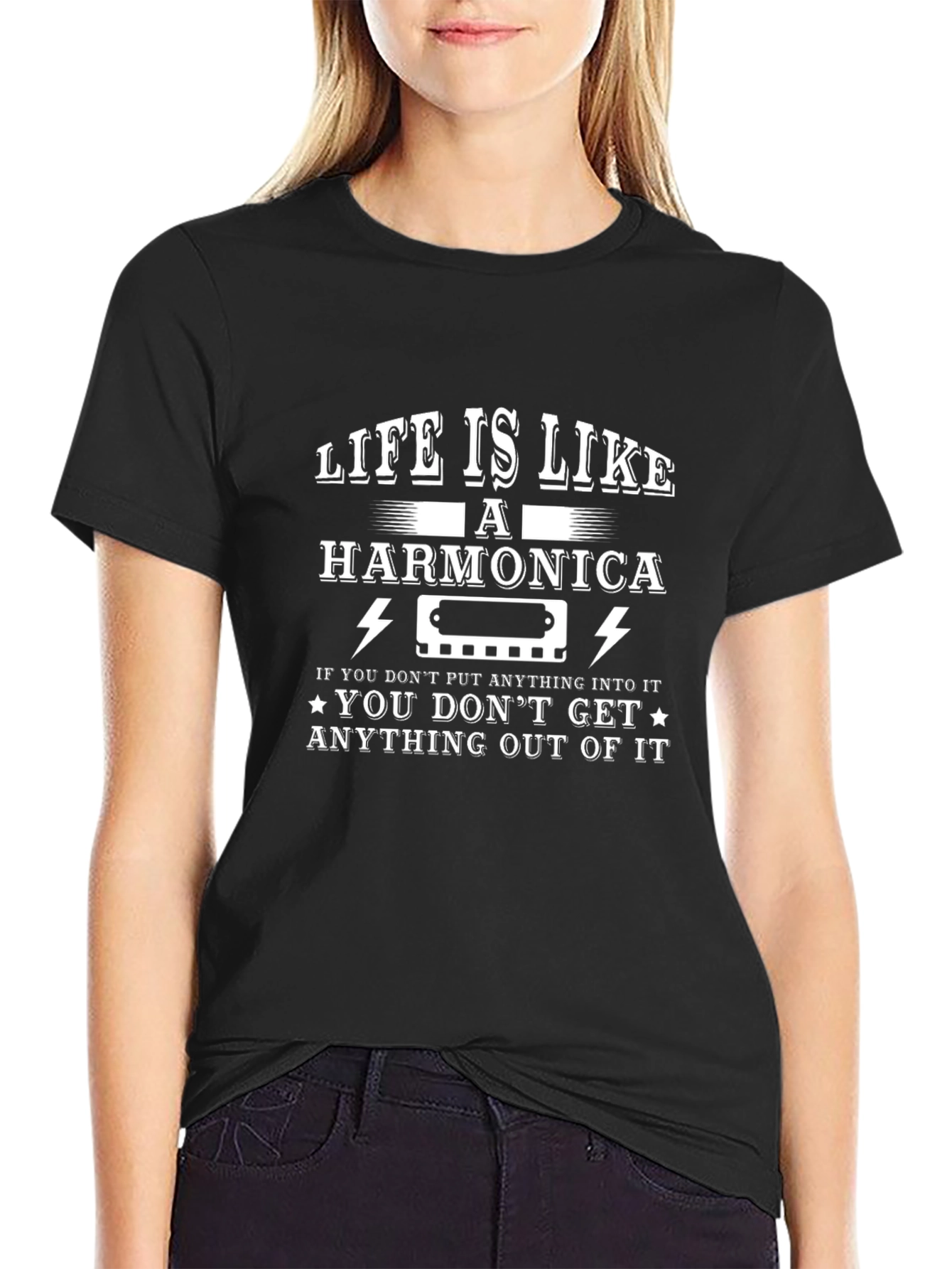 Life is Like Harmonica Graphic T-Shirt - Black