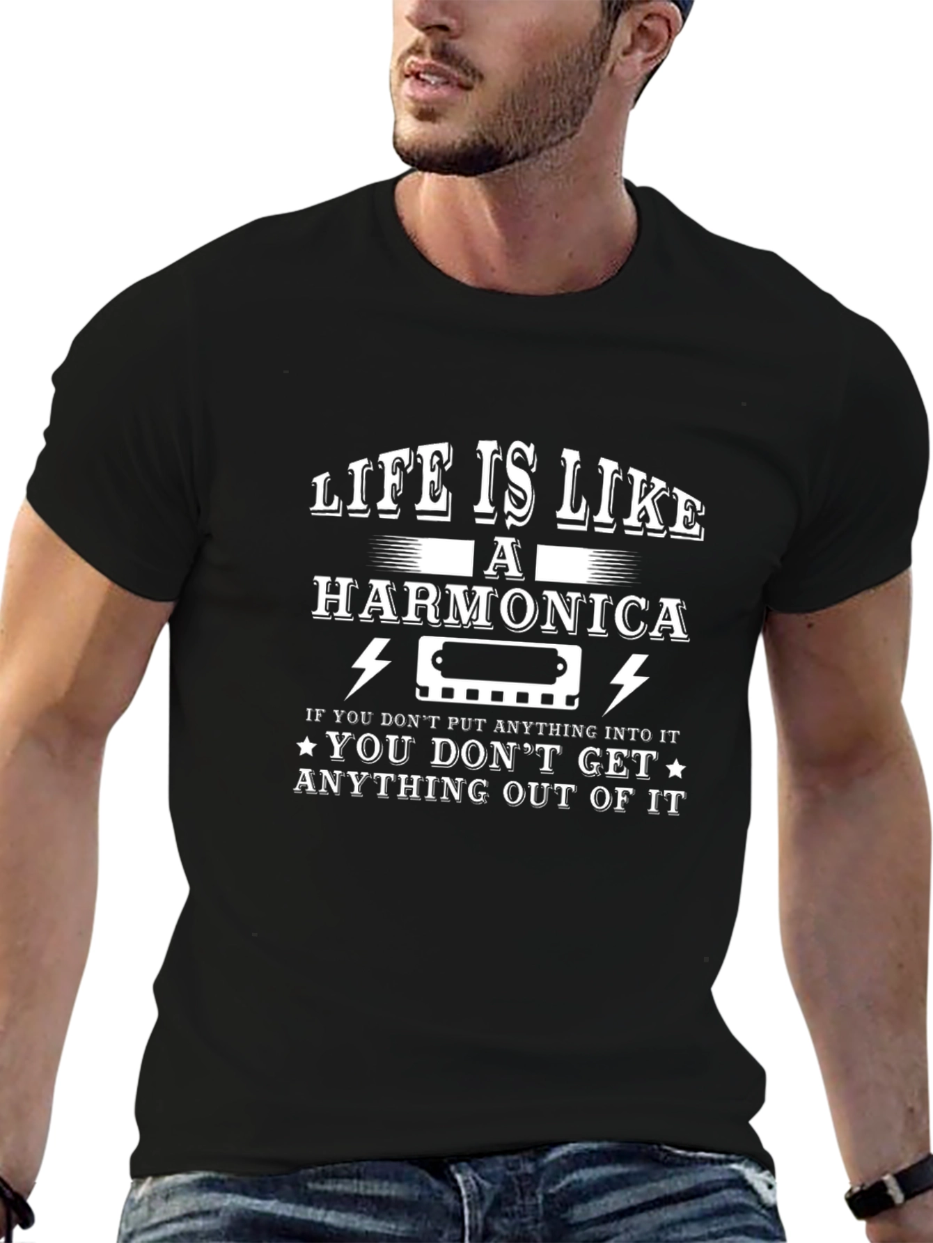 Life is Like Harmonica Graphic T-Shirt - Black
