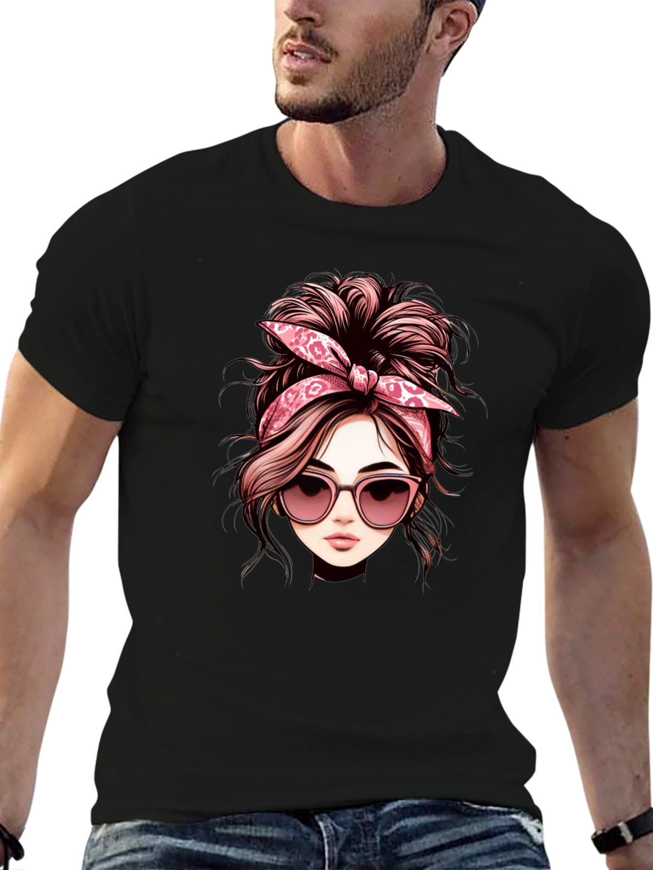 Messy Bun Woman Graphic Tee - Casual Black T-Shirt