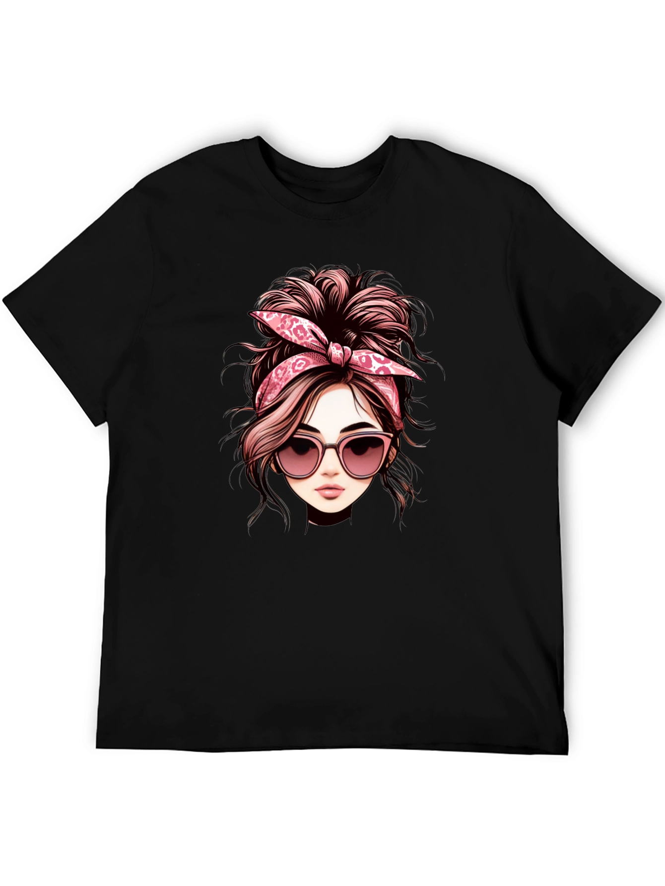 Messy Bun Woman Graphic Tee - Casual Black T-Shirt
