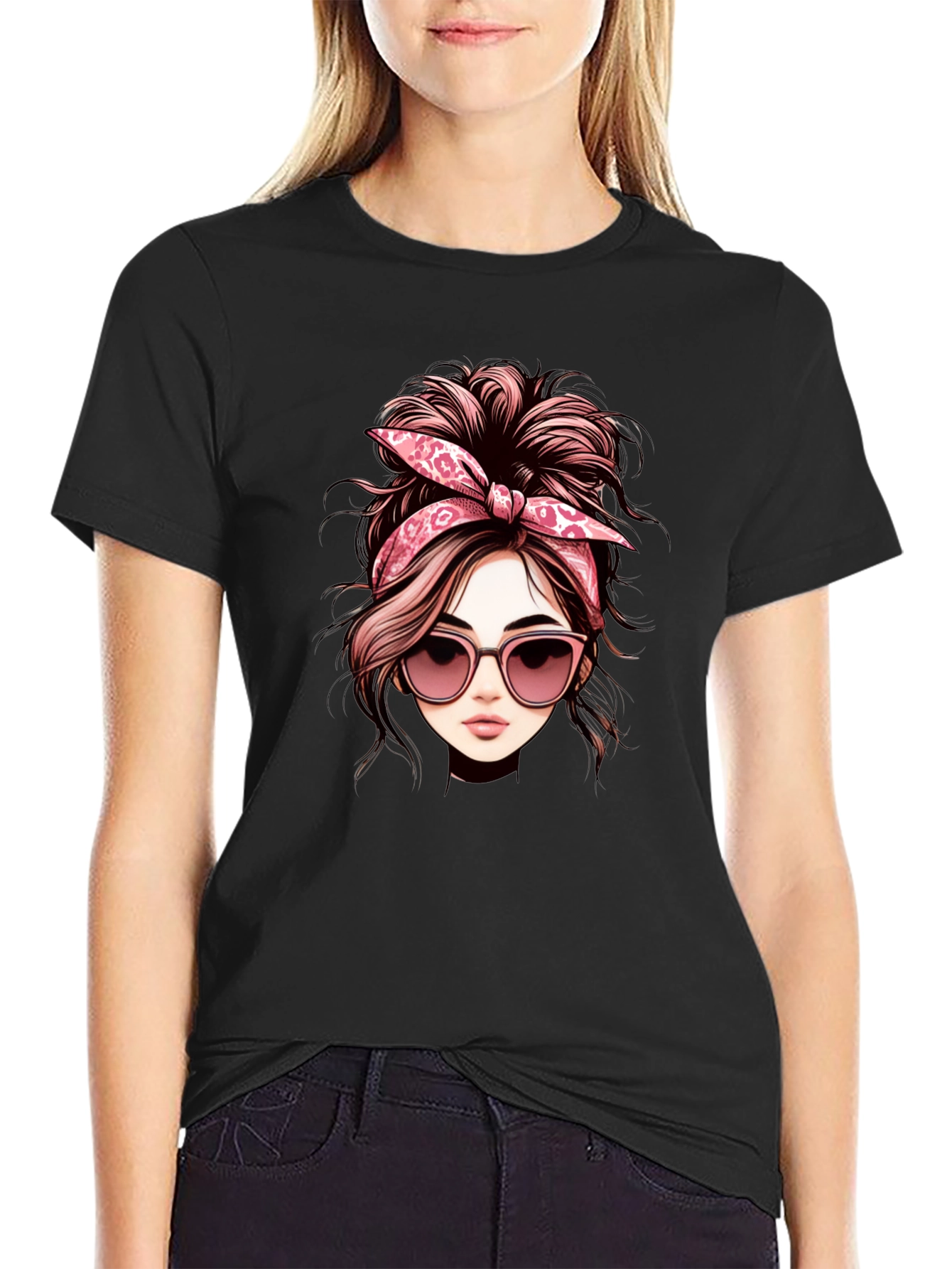 Messy Bun Woman Graphic Tee - Casual Black T-Shirt