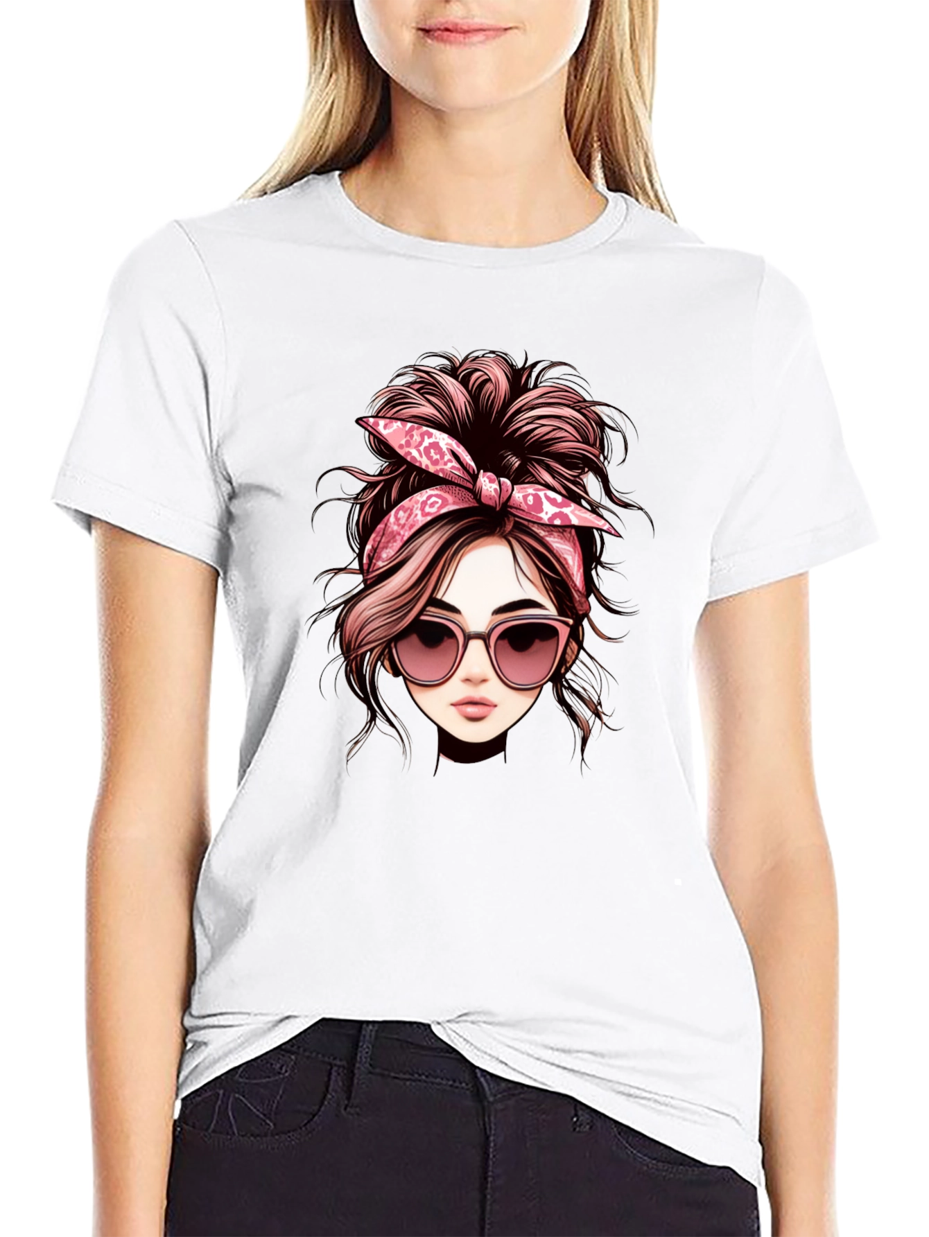 Messy Bun Woman Graphic Tee - Casual Black T-Shirt