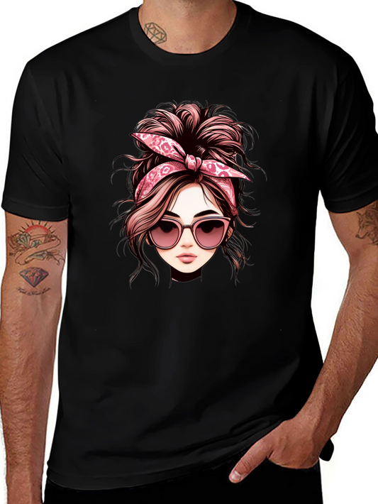 Messy Bun Woman Graphic Tee - Casual Black T-Shirt