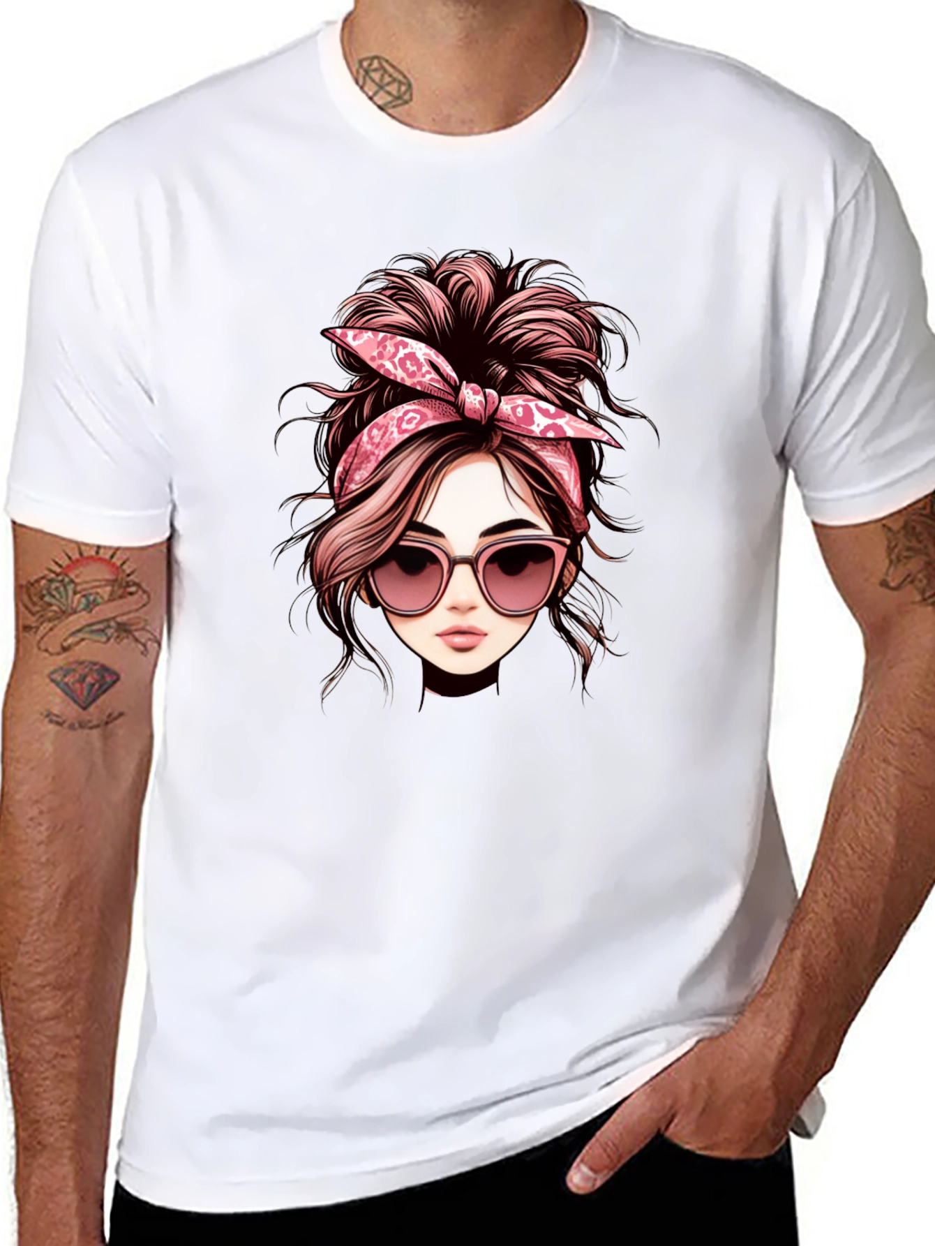 Messy Bun Woman Graphic Tee - Casual Black T-Shirt