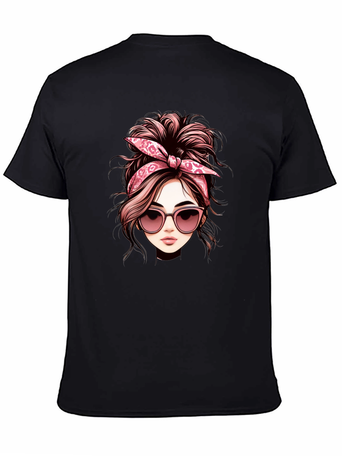 Messy Bun Woman Graphic Tee - Casual Black T-Shirt