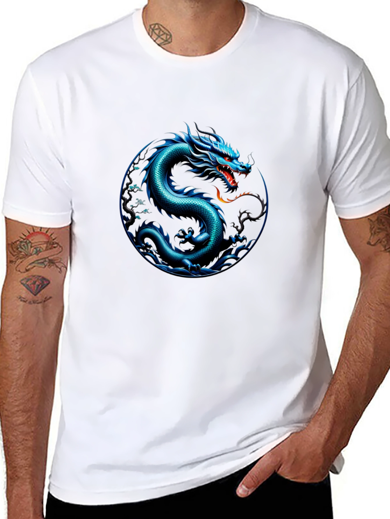 Blue Dragon Graphic Print Black T-Shirt