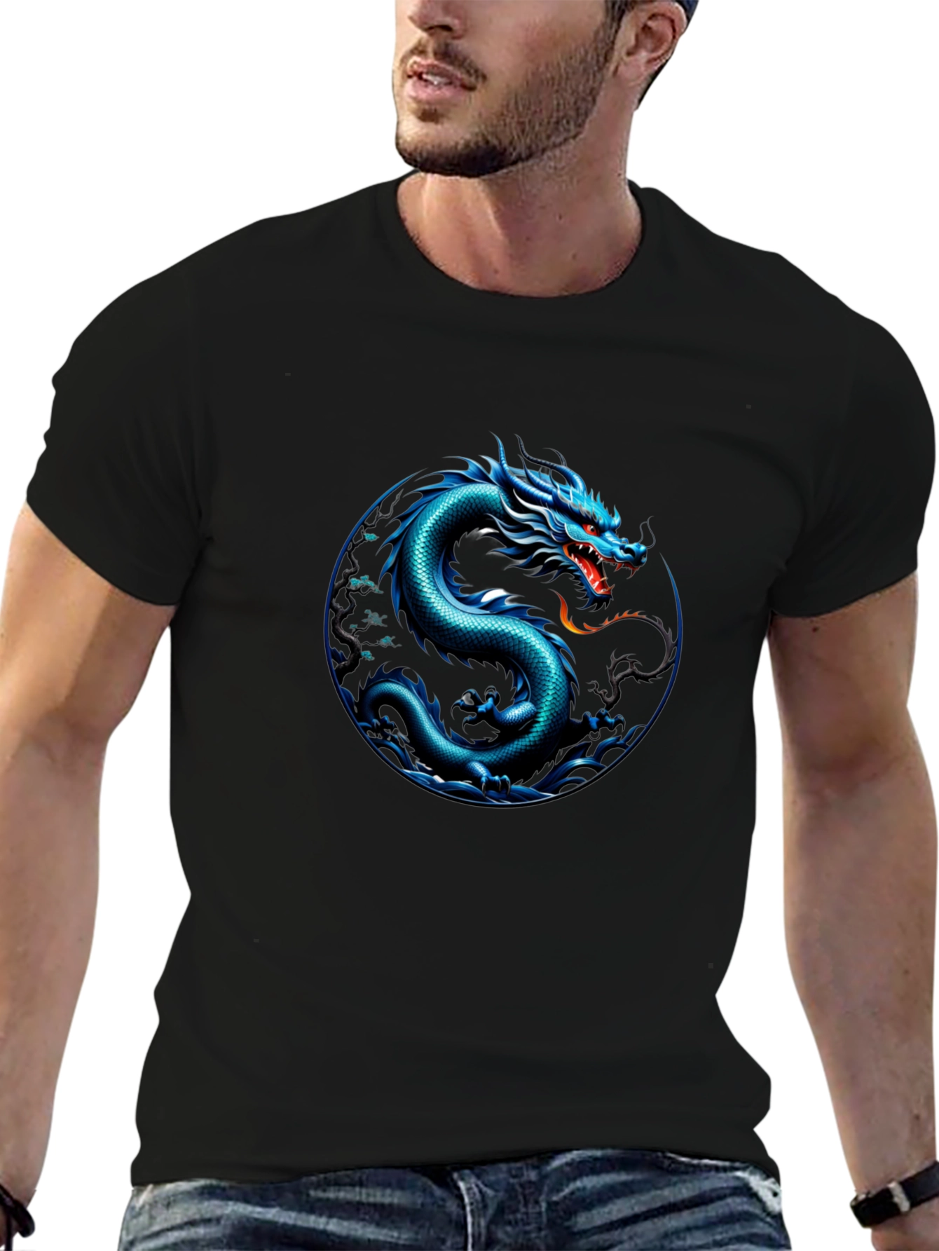 Blue Dragon Graphic Print Black T-Shirt