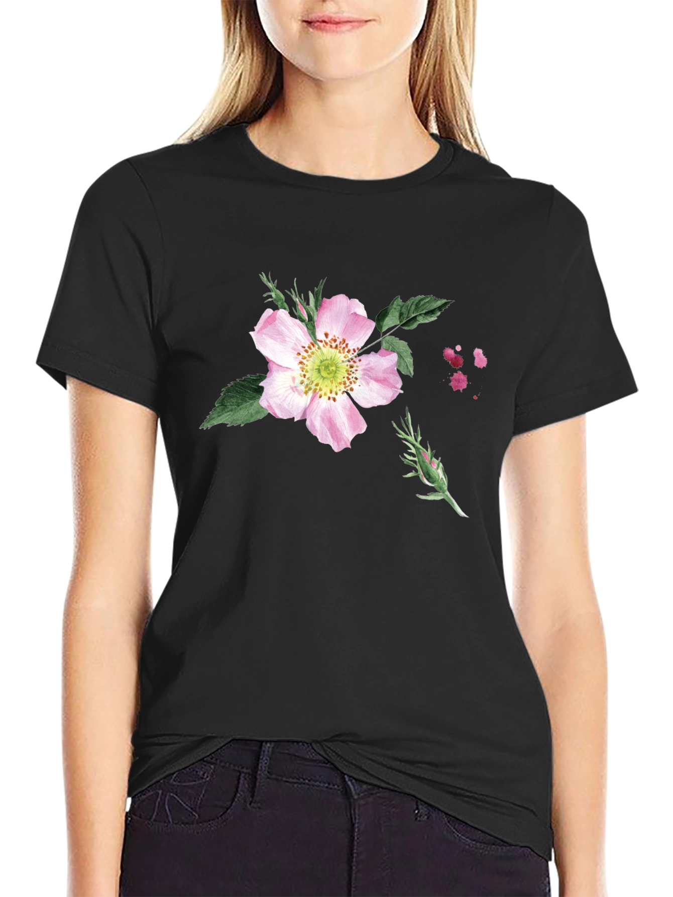 Floral Print Black T-Shirt - Botanical Style