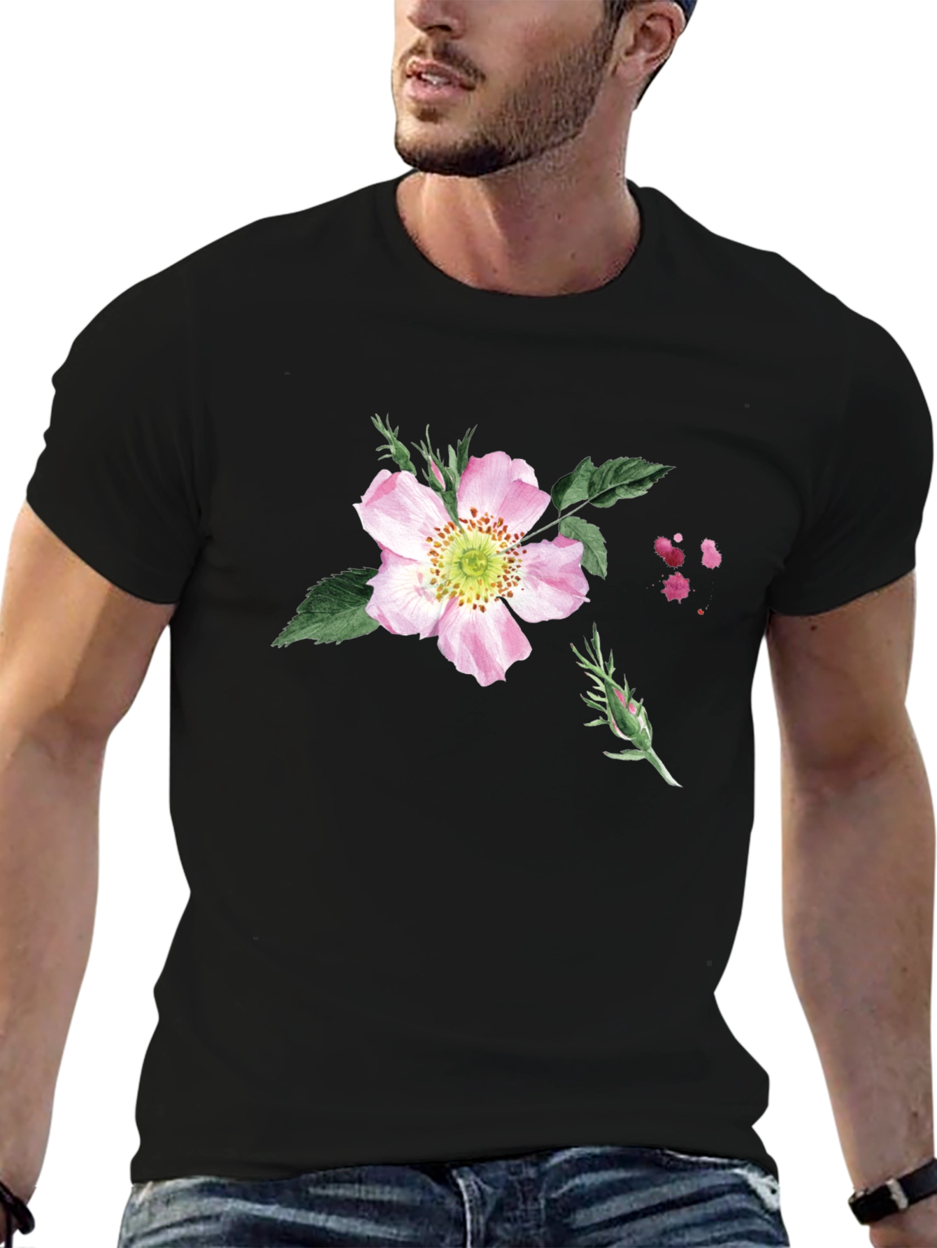 Floral Print Black T-Shirt - Botanical Style