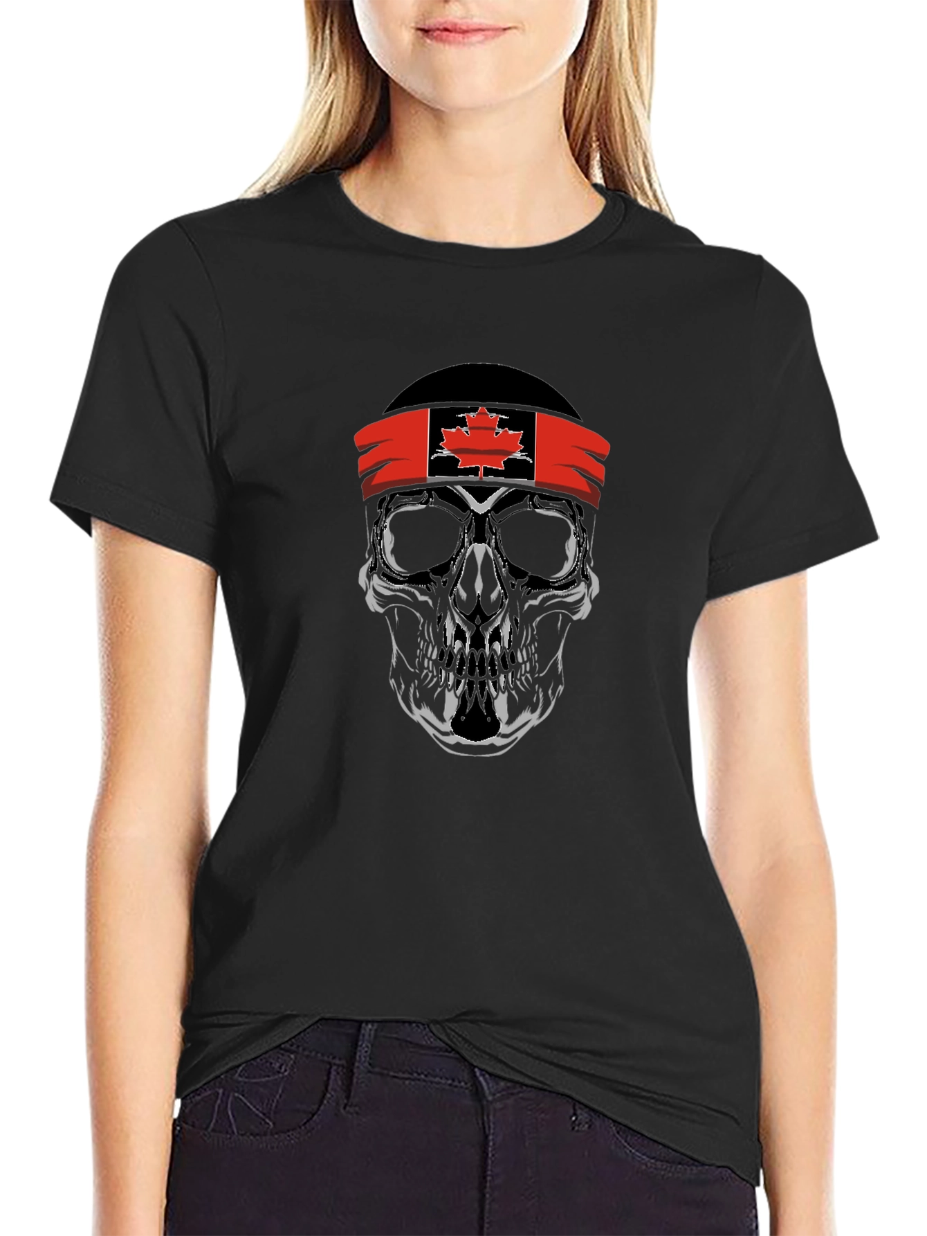 Skull with Canadian Flag Headband Graphic T-Shirt