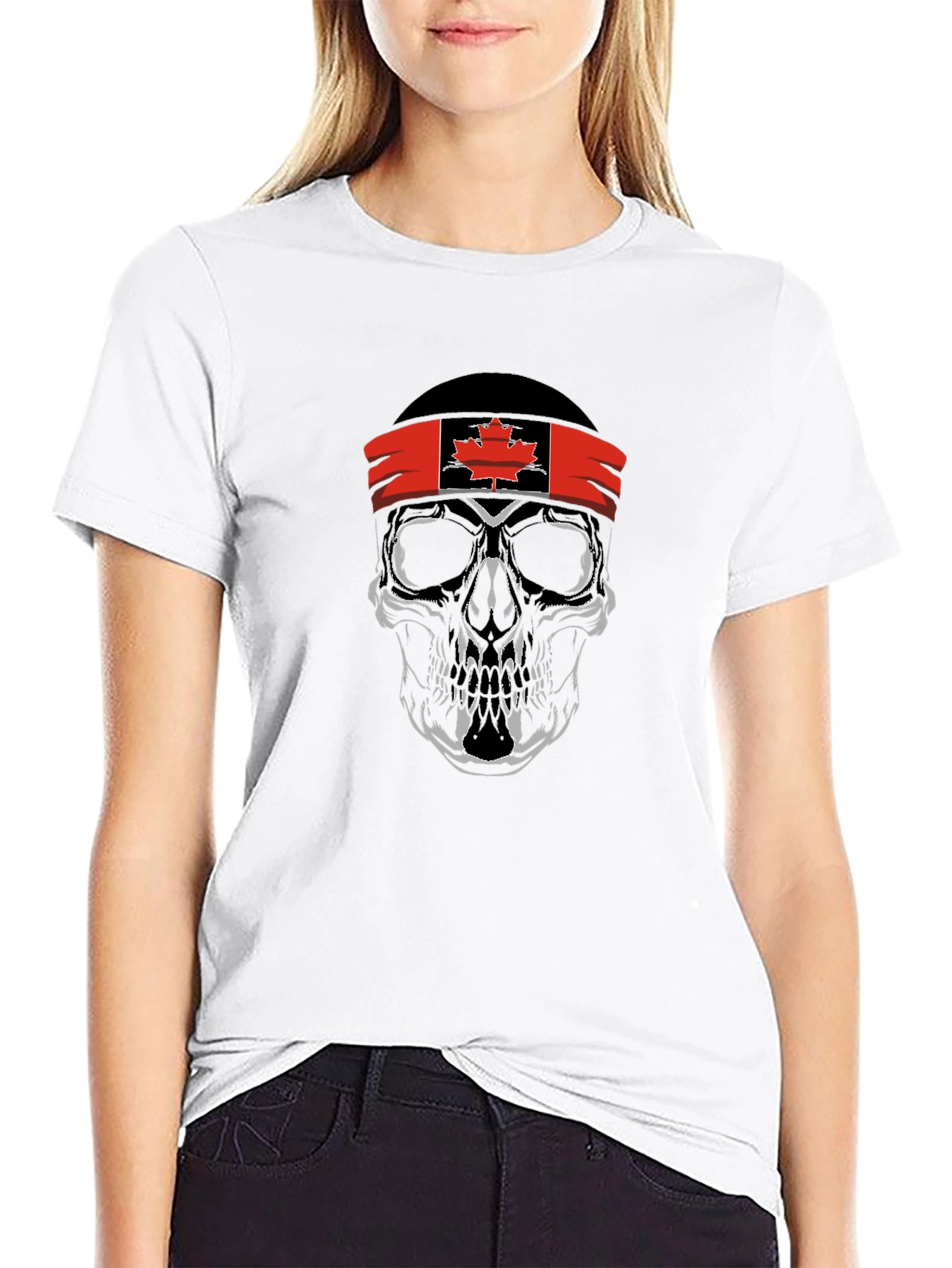 Skull with Canadian Flag Headband Graphic T-Shirt