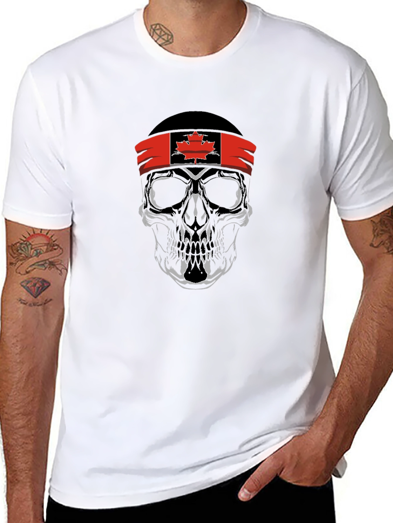 Skull with Canadian Flag Headband Graphic T-Shirt