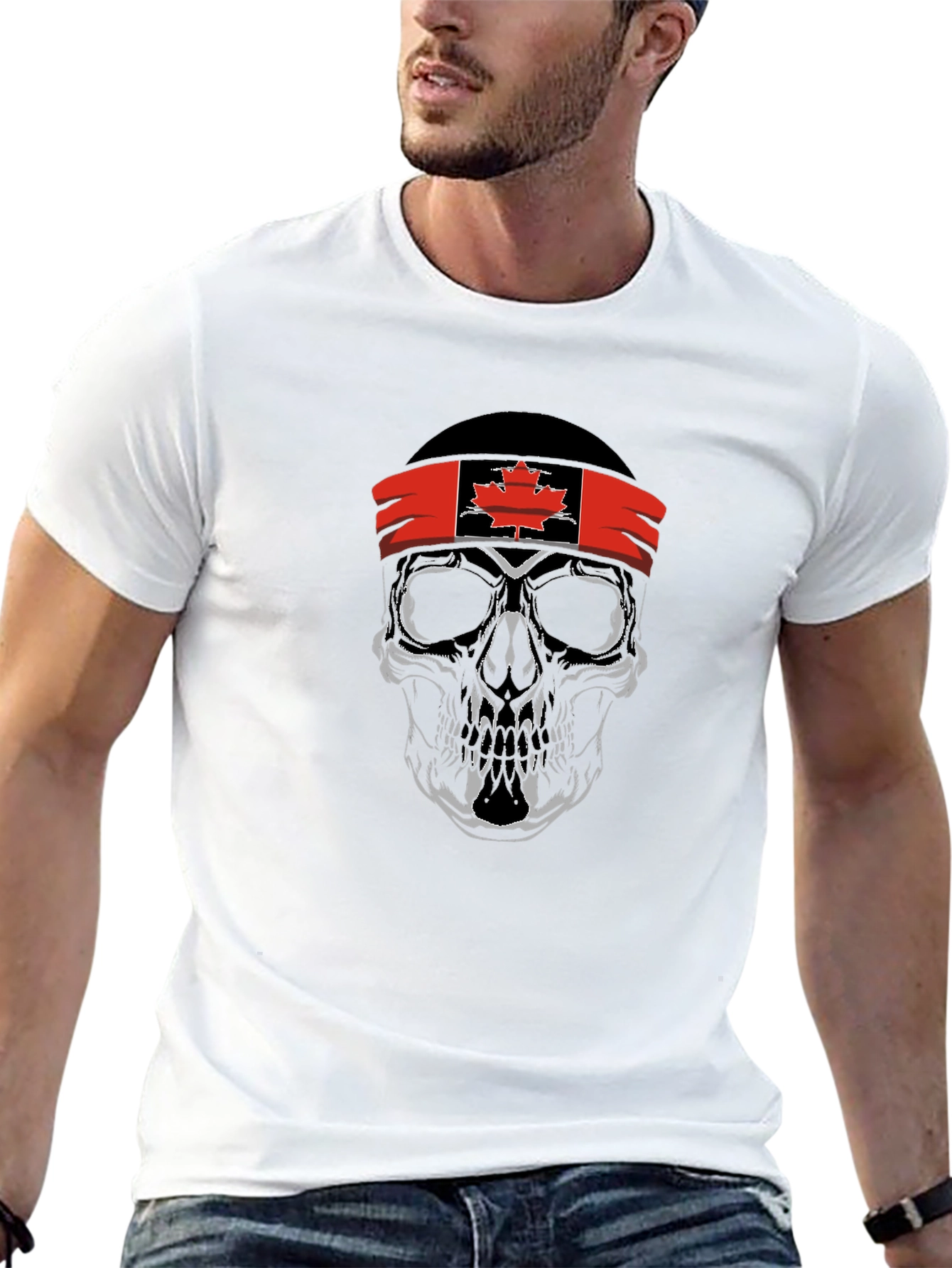 Skull with Canadian Flag Headband Graphic T-Shirt