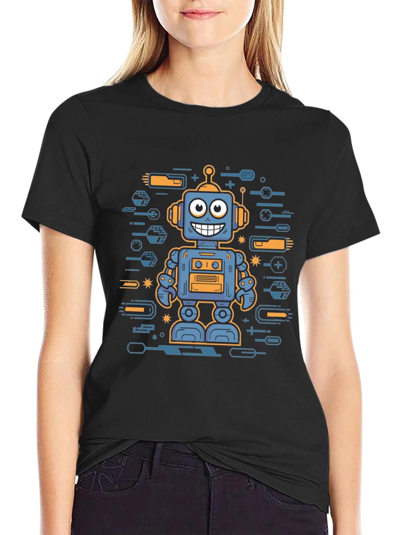 Robot Graphic Print Black T-Shirt