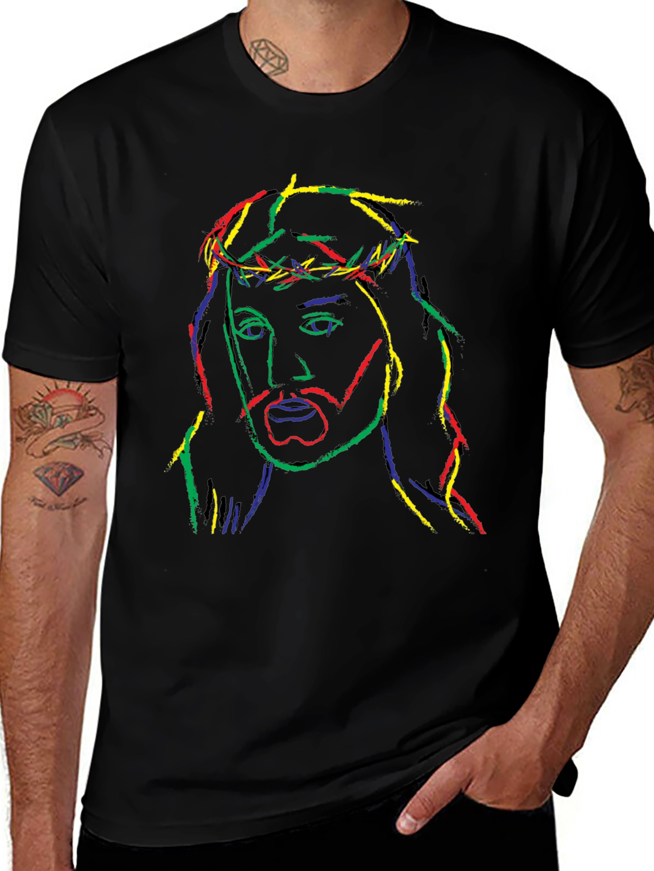 Neon Jesus Graphic Tee - Black Cotton Blend T-Shirt