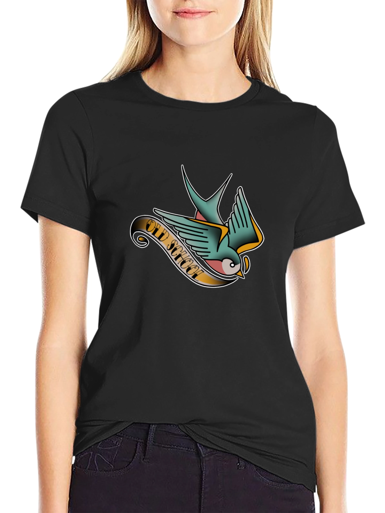 Old School Tattoo Style Swallow Graphic Tee - Black