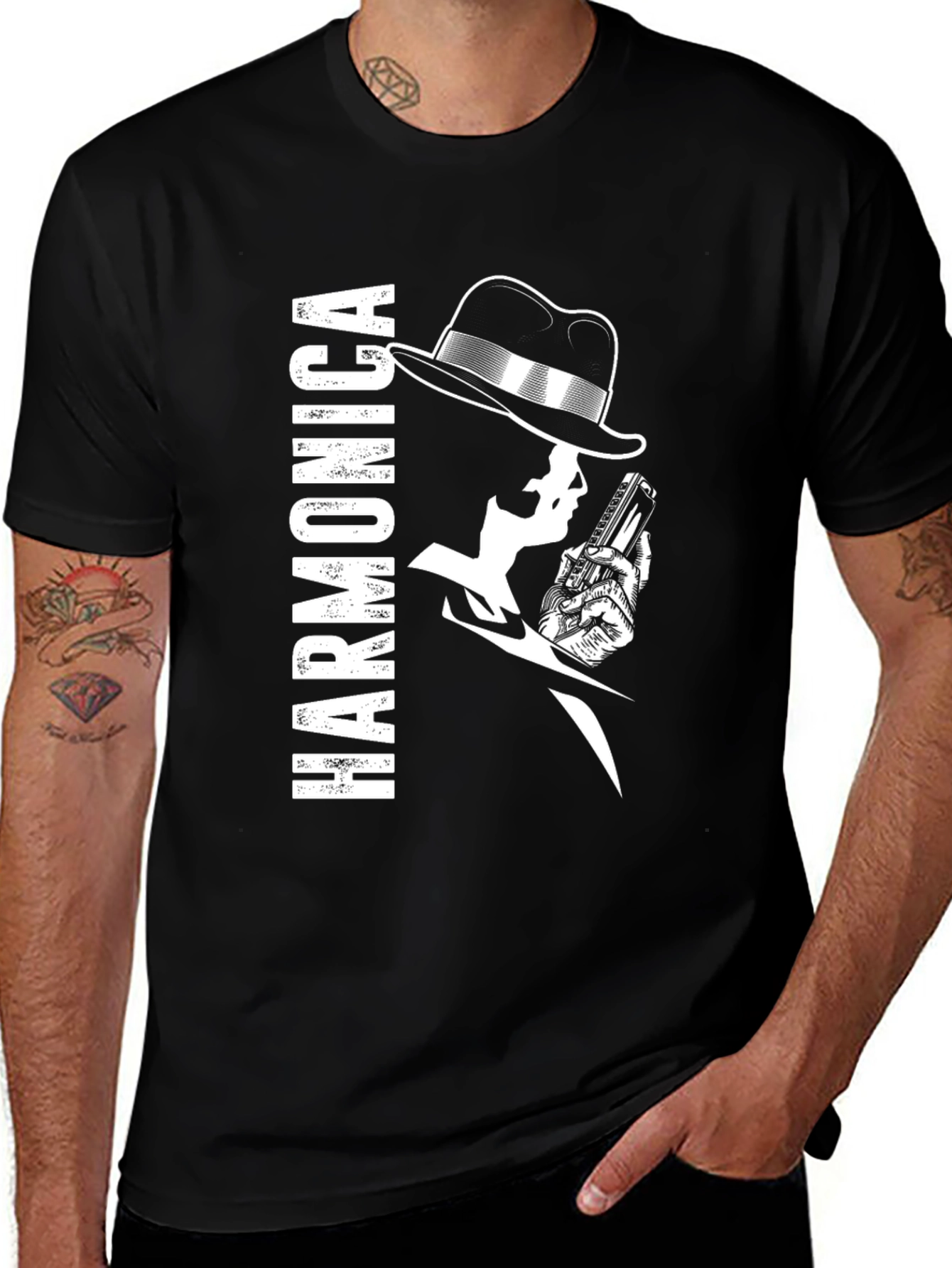 Harmonica Player Graphic Black T-Shirt
