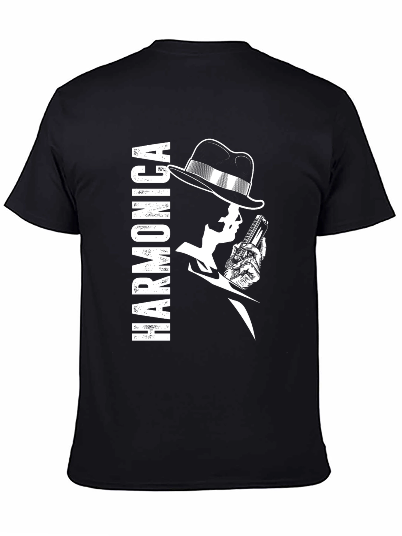 Harmonica Player Graphic Black T-Shirt