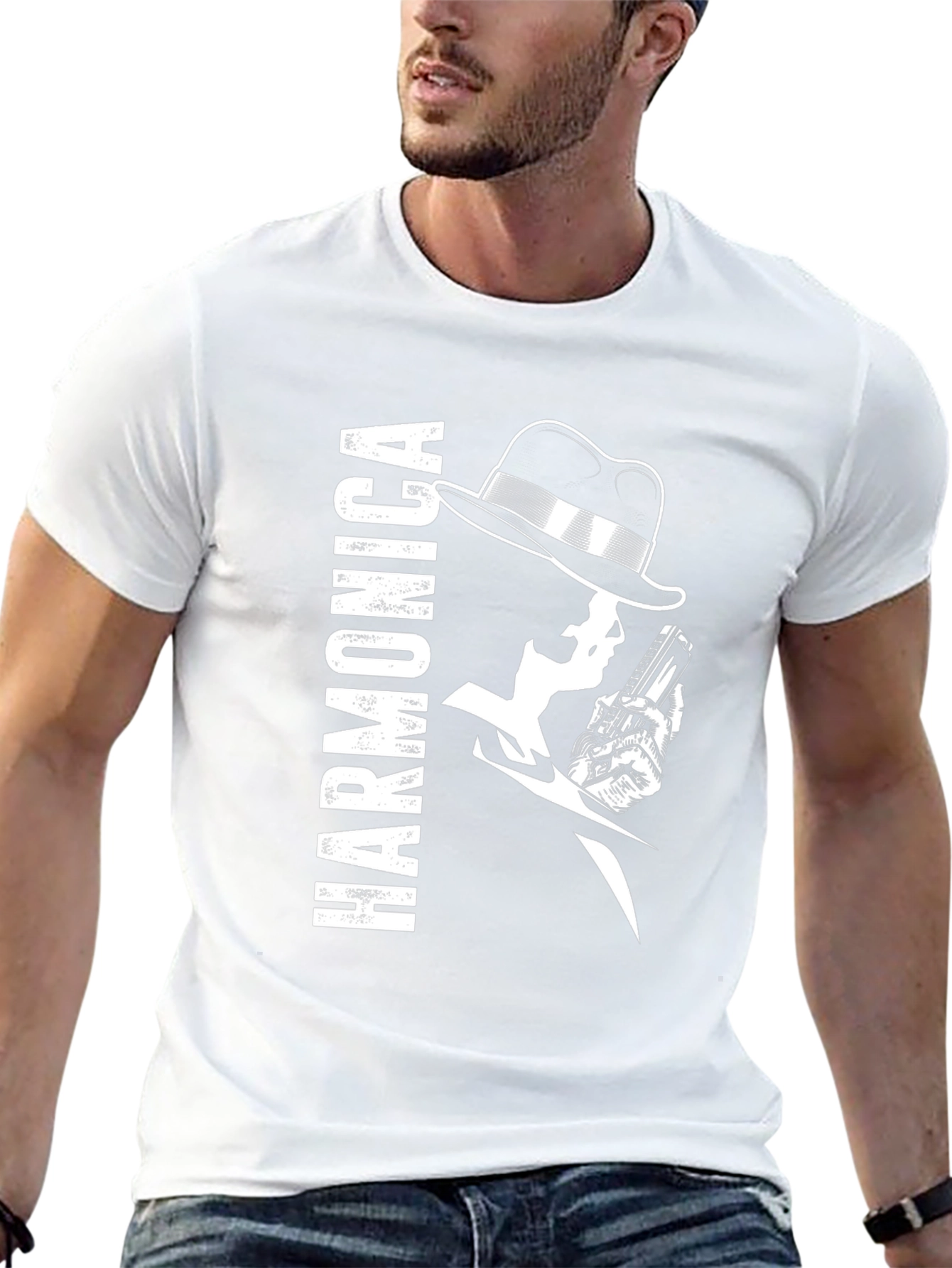Harmonica Player Graphic Black T-Shirt