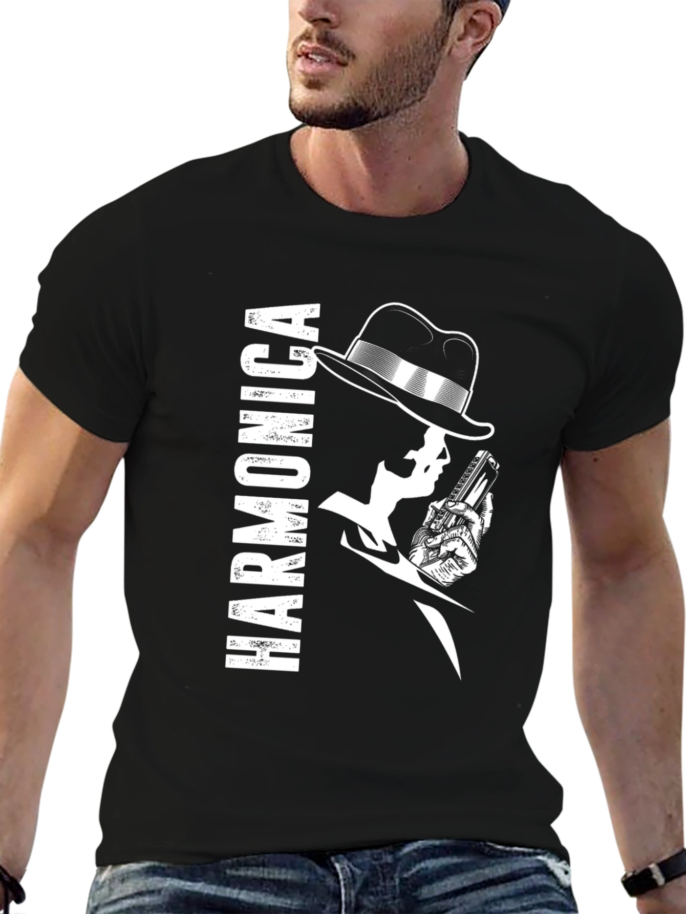 Harmonica Player Graphic Black T-Shirt