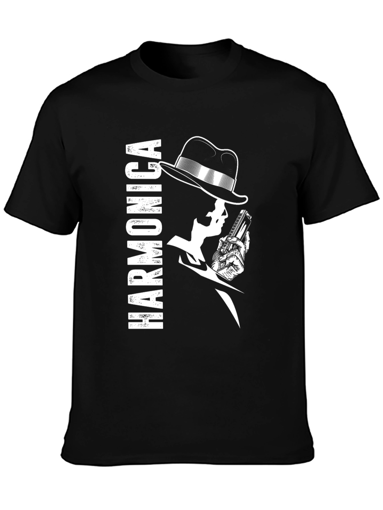 Harmonica Player Graphic Black T-Shirt