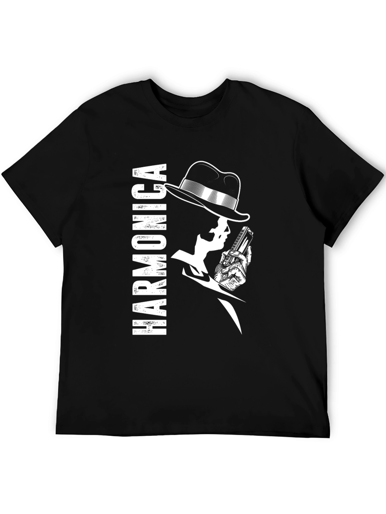Harmonica Player Graphic Black T-Shirt