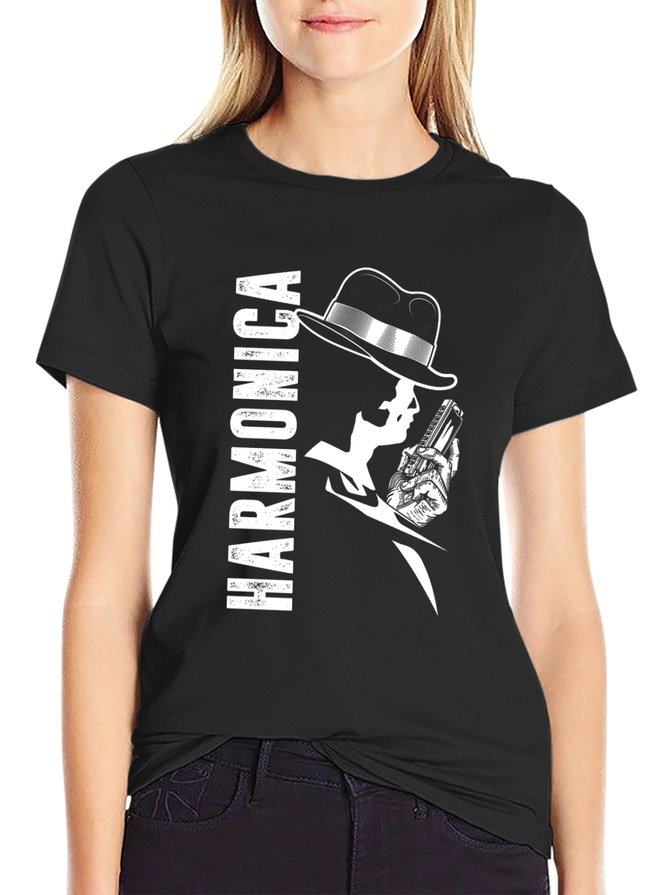 Harmonica Player Graphic Black T-Shirt