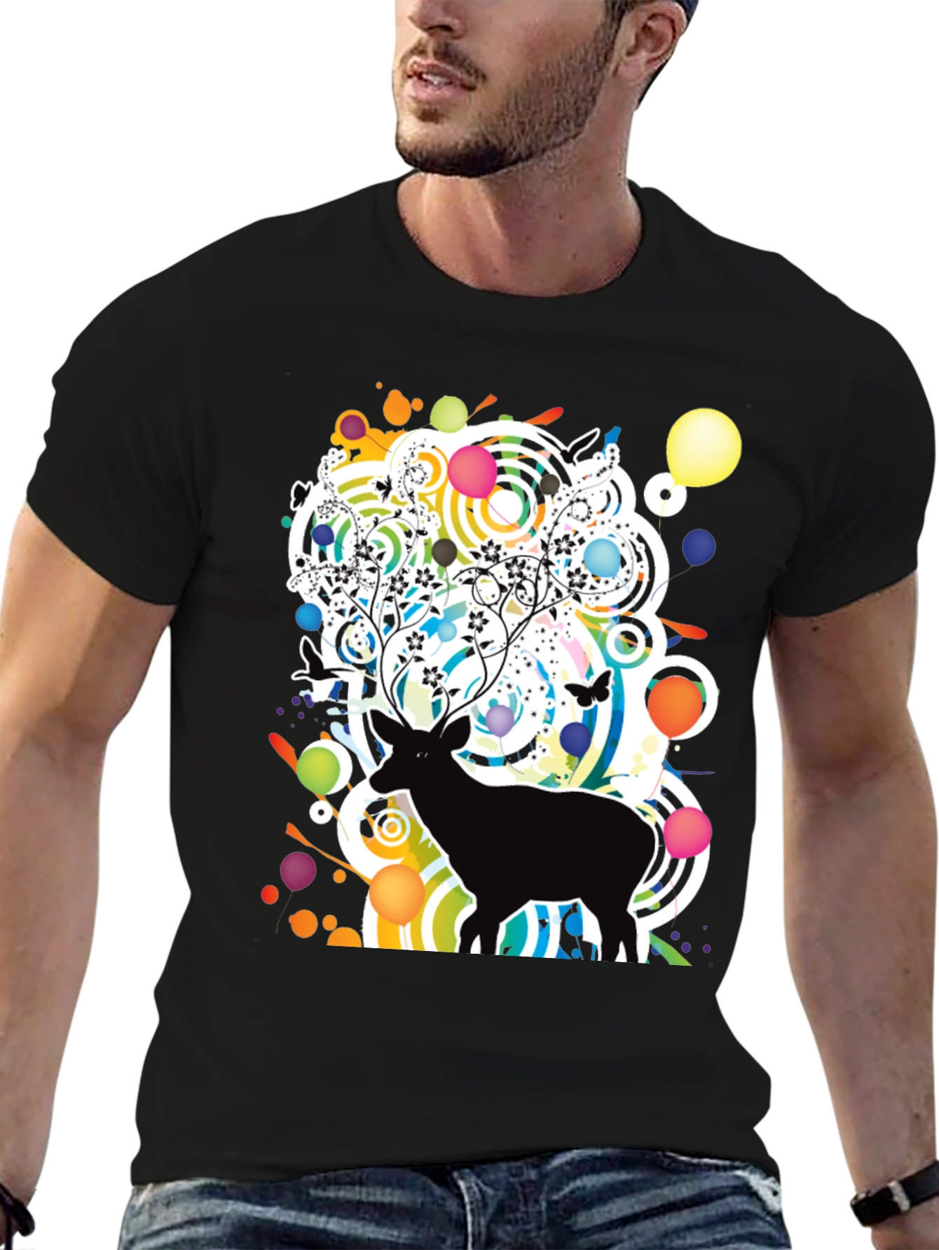 Artistic Deer Graphic Tee - Modern Black T-Shirt