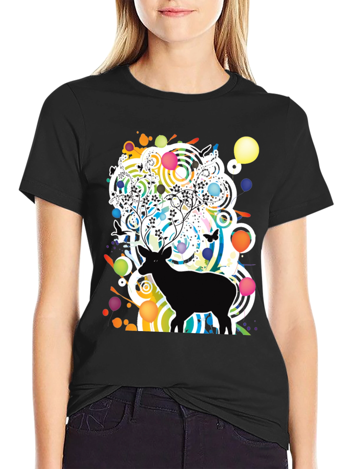 Artistic Deer Graphic Tee - Modern Black T-Shirt